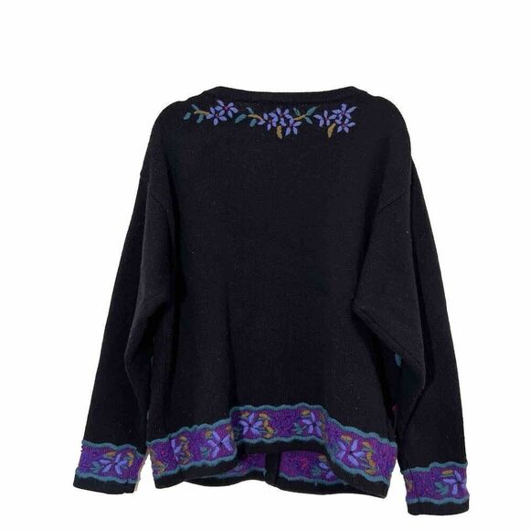 Ll Bean Vintage Cardigan Sweater Women’s L Wool Black Floral Embroidered - Picture 2 of 6